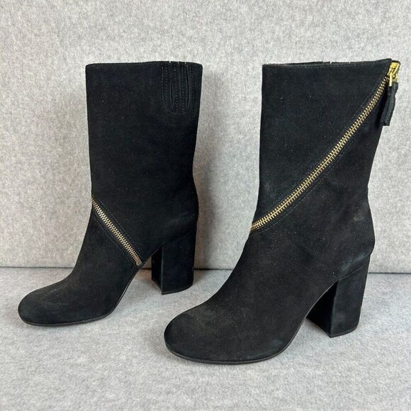 VC Vince Camuto Size 7 Black Suede Kardale Boots Gold Wrap Zipper Heeled Booties - Picture 3 of 12
